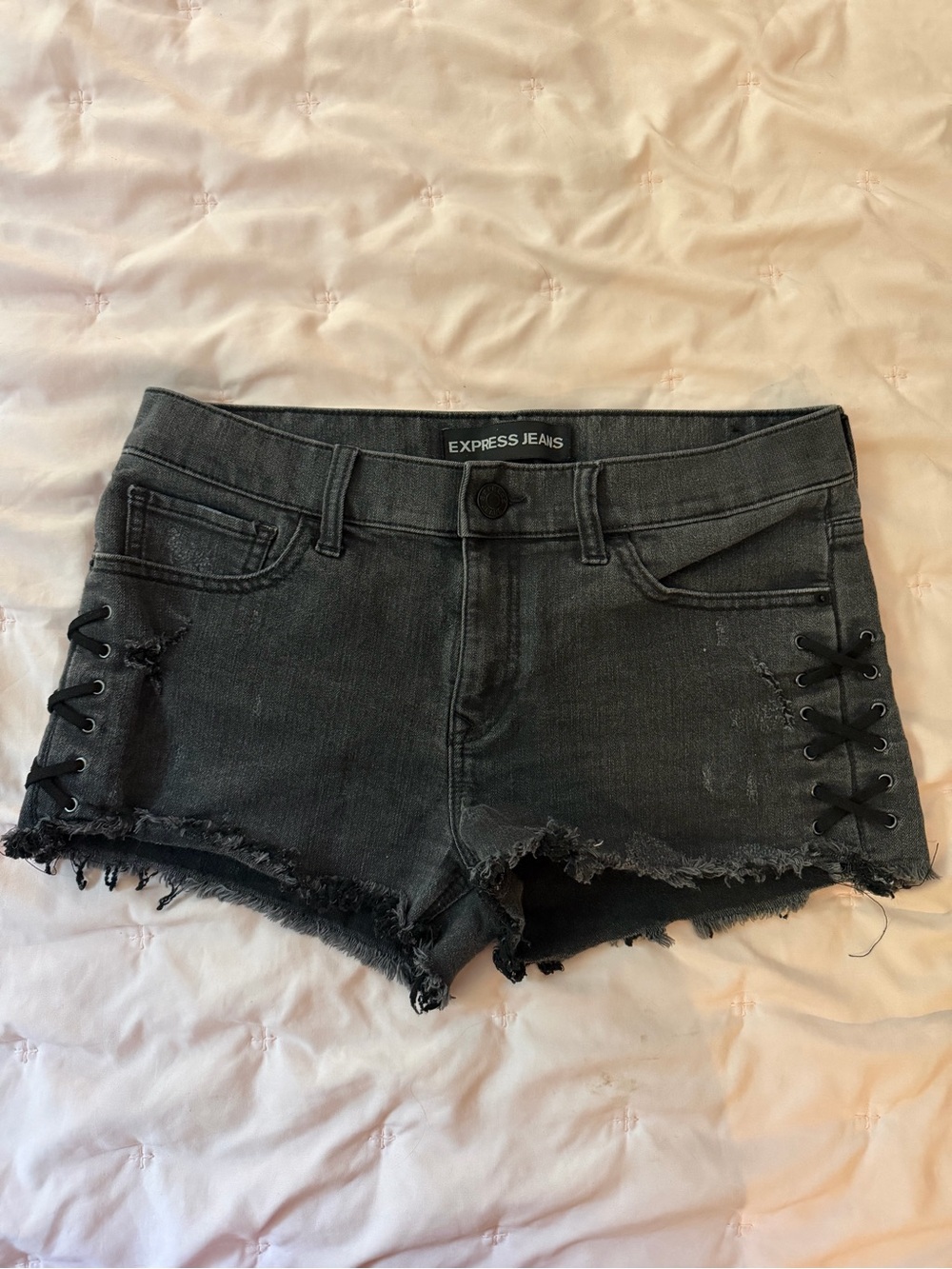 Women's Black Distressed Lace-Up Design Denim Shorts